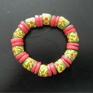 Bracelet African Trade Bead Flower Orange Green 7”